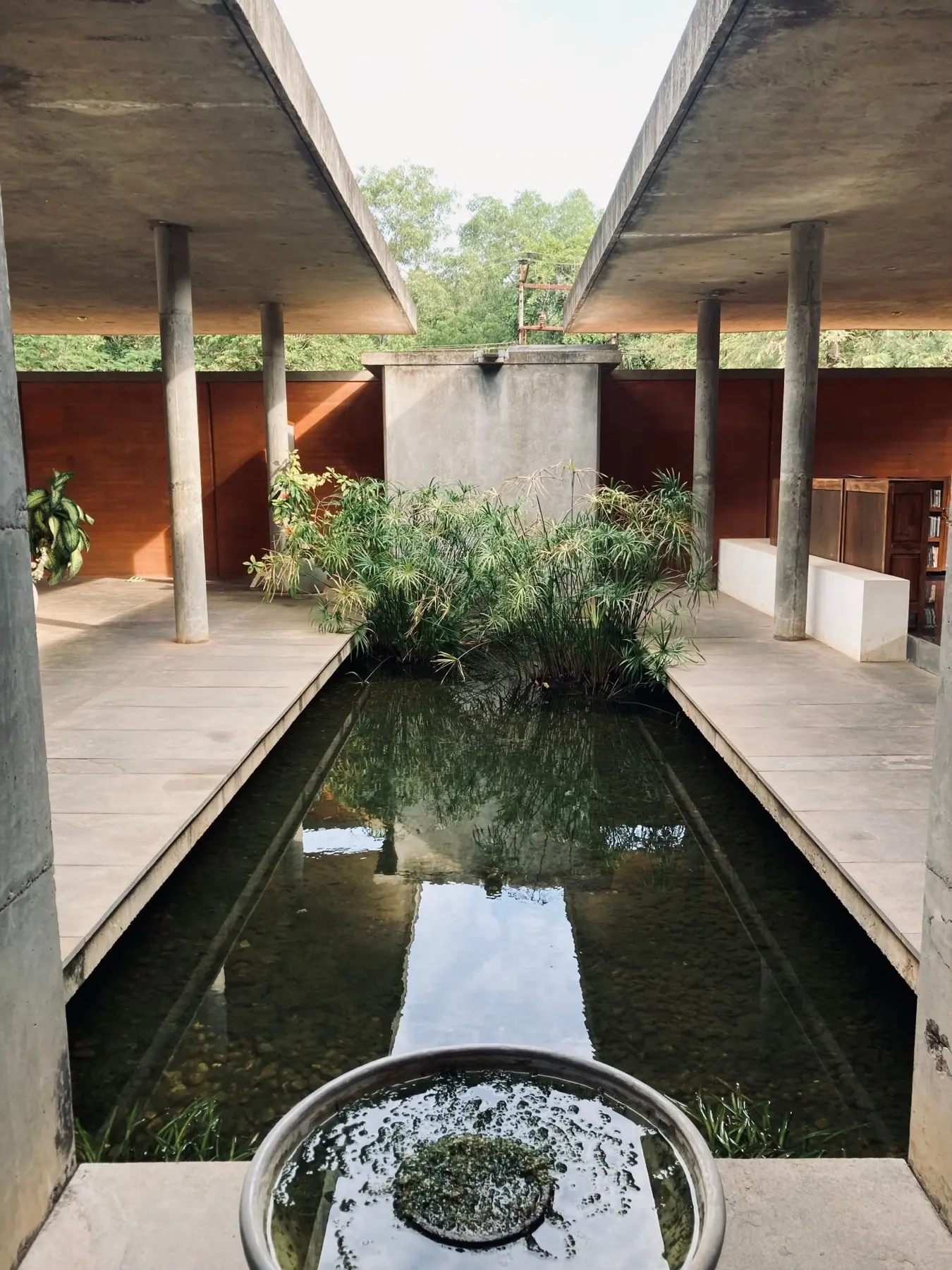 A concrete house built around a still reflecting pool and planting.