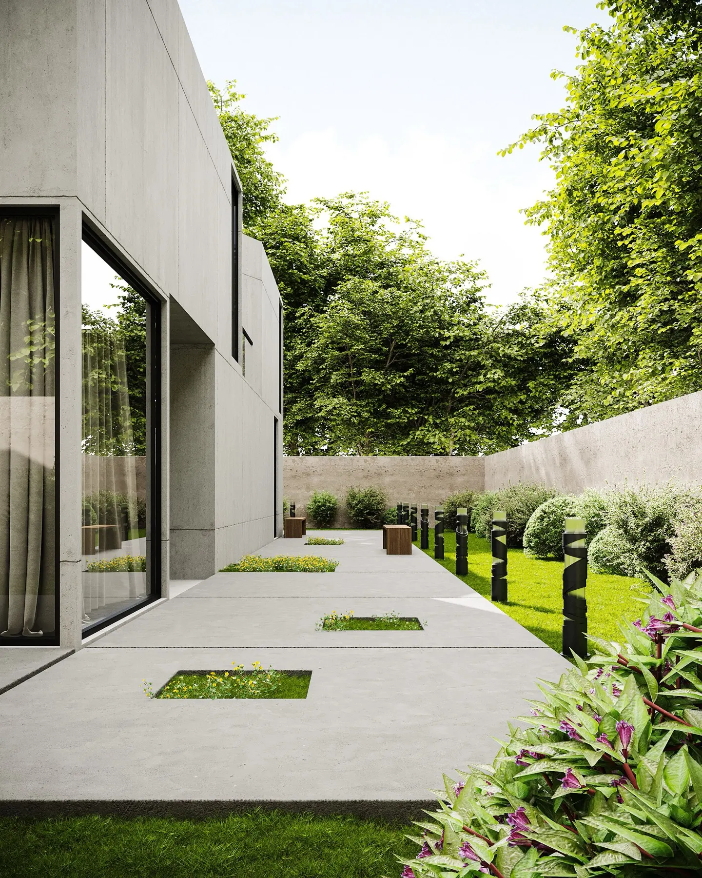 A contemporary house opening to a planted garden through full-height glass.